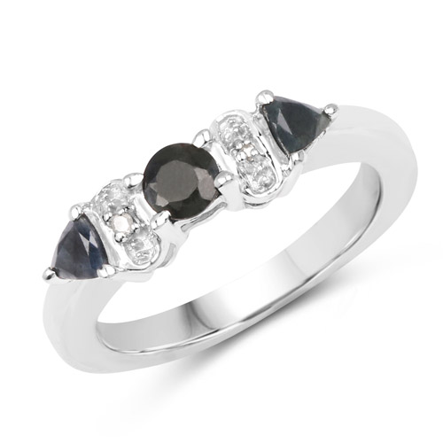 Sapphire-0.70 Carat Genuine Black Sapphire and White Diamond .925 Sterling Silver Ring