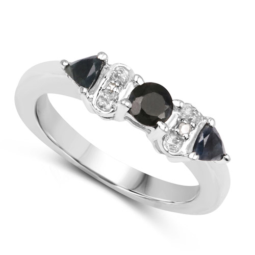0.70 Carat Genuine Black Sapphire and White Diamond .925 Sterling Silver Ring