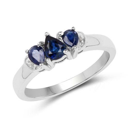 Sapphire-0.73 Carat Genuine Blue Sapphire and White Diamond .925 Sterling Silver Ring