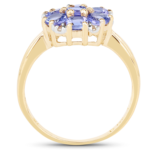 14K Yellow Gold Plated 1.45 Carat Genuine Tanzanite and White Diamond .925 Sterling Silver Ring