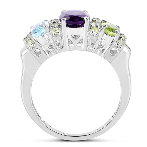 2.52 Carat Genuine Amethyst, Blue Topaz & Peridot .925 Sterling Silver Ring