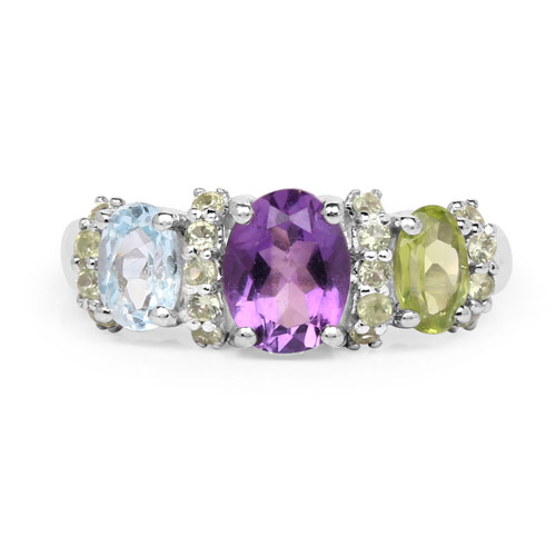 2.52 Carat Genuine Amethyst, Blue Topaz & Peridot .925 Sterling Silver Ring