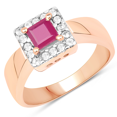 Ruby-14K Rose Gold Plated 1.26 Carat Genuine Glass Filled Ruby & White Topaz .925 Sterling Silver Ring