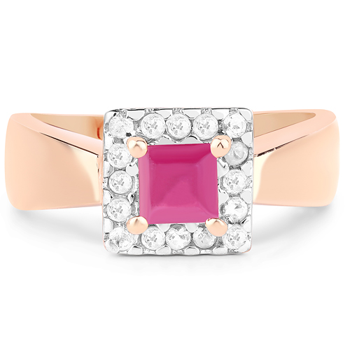 14K Rose Gold Plated 1.26 Carat Genuine Glass Filled Ruby & White Topaz .925 Sterling Silver Ring