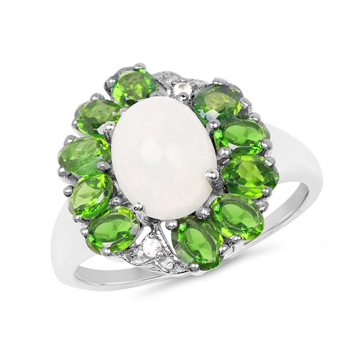 Opal-2.93 Carat Genuine Ethiopian Opal, Chrome Diopside & White Topaz .925 Sterling Silver Ring