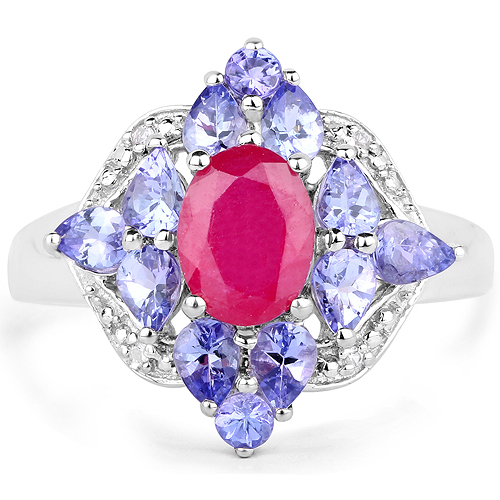 3.16 Carat Genuine Glass Filled Ruby, Tanzanite & White Topaz .925 Sterling Silver Ring