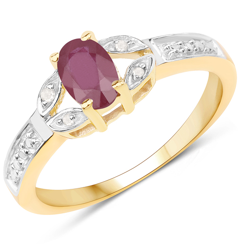 14K Yellow Gold Plated 0.64 Carat Genuine Ruby and White Diamond .925 Sterling Silver Ring
