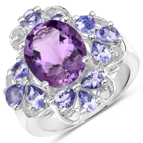 4.88 Carat Genuine Amethyst and Tanzanite .925 Sterling Silver Ring