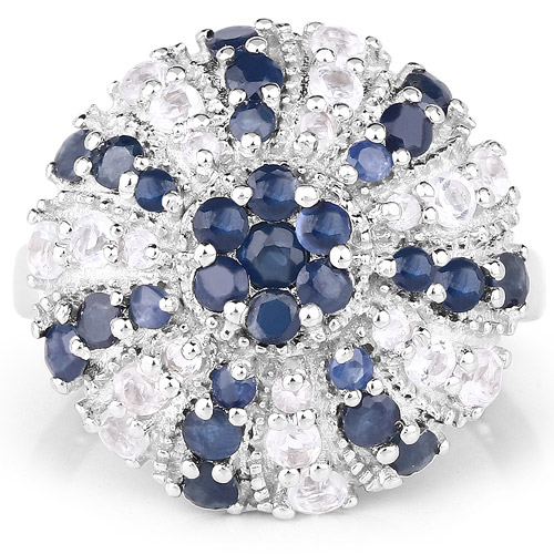 1.78 Carat Genuine Blue Sapphire & White Topaz .925 Sterling Silver Ring