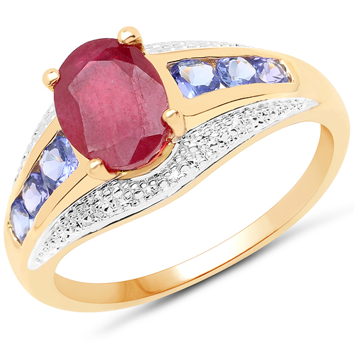 Ruby-14K Yellow Gold Plated 2.02 Carat Glass Filled Ruby and Tanzanite .925 Sterling Silver Ring