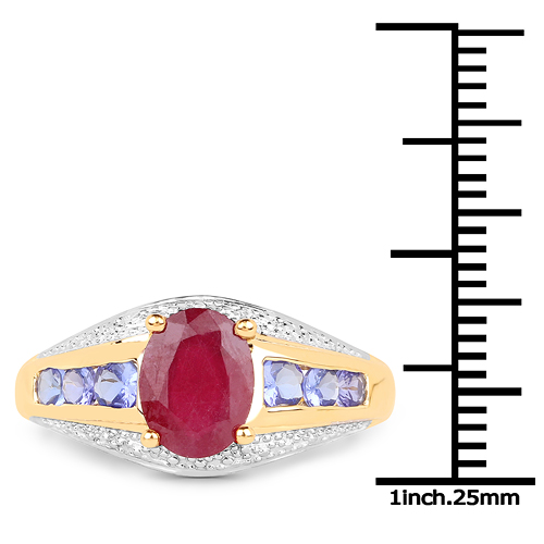 14K Yellow Gold Plated 2.02 Carat Glass Filled Ruby and Tanzanite .925 Sterling Silver Ring