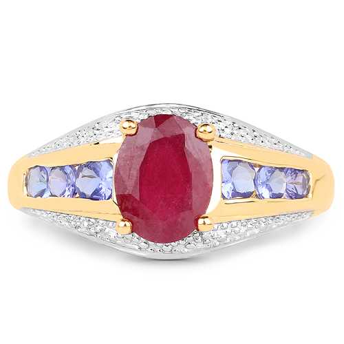 14K Yellow Gold Plated 2.02 Carat Glass Filled Ruby and Tanzanite .925 Sterling Silver Ring