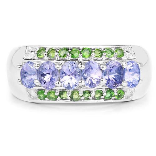 1.34 Carat Genuine Tanzanite and Chrome Diopside .925 Sterling Silver Ring