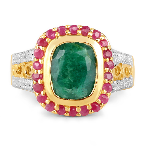14K Yellow Gold Plated 4.80 ct. t.w. Dyed Emerald and Ruby Ring in Sterling Silver