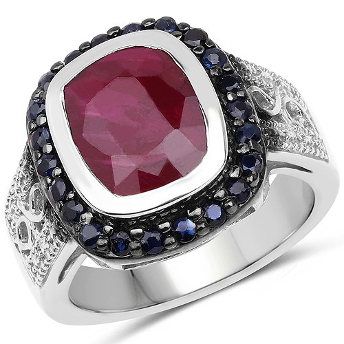 Ruby-4.77 Carat Dyed Ruby and Blue Sapphire .925 Sterling Silver Ring