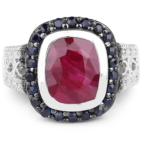 4.77 Carat Dyed Ruby and Blue Sapphire .925 Sterling Silver Ring