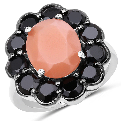 Rings-7.88 Carat Genuine Peach Moonstone and Black Spinel .925 Sterling Silver Ring