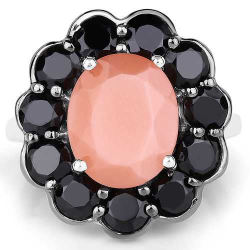 7.88 Carat Genuine Peach Moonstone and Black Spinel .925 Sterling Silver Ring