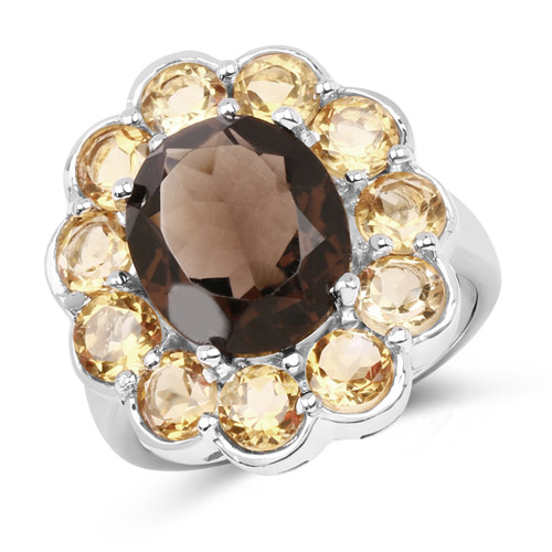 Rings-6.90 Carat Genuine Smoky Quartz and Citrine .925 Sterling Silver Ring