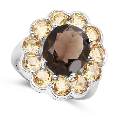 6.90 Carat Genuine Smoky Quartz and Citrine .925 Sterling Silver Ring