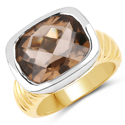 Rings-Two Tone Plated 7.53 Carat Genuine Smoky Quartz .925 Sterling Silver Ring