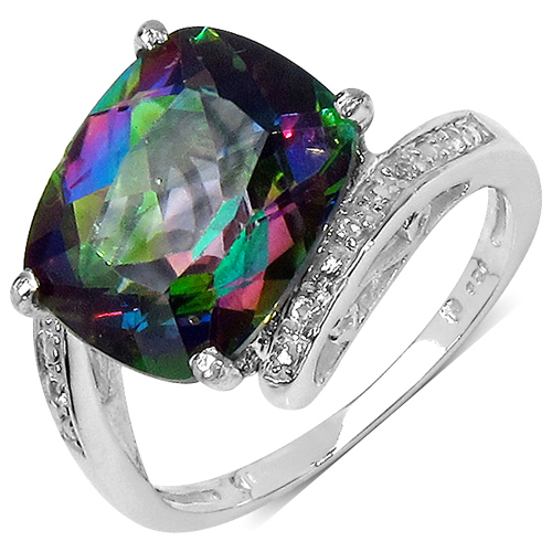 Rings-4.73 Carat Genuine Rainbow Quartz and White Diamond .925 Sterling Silver Ring