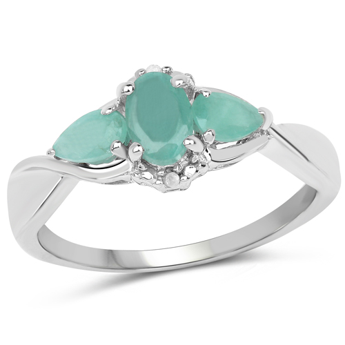 Emerald-0.91 Carat Genuine Emerald and White Diamond .925 Sterling Silver Ring