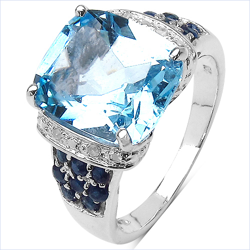 Rings-5.20 Carat Genuine Blue Topaz , Blue Sapphire & White Diamond .925 Sterling Silver Ring