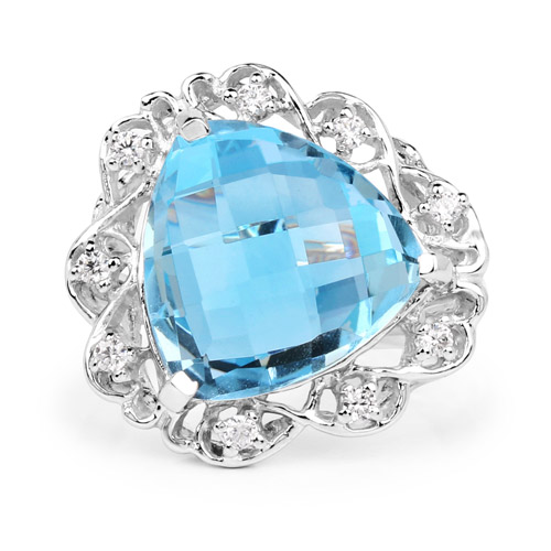 11.01 Carat Genuine Blue Topaz and White Zircon .925 Sterling Silver Ring