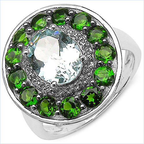 Rings-2.96 Carat Genuine Aquamarine and Chrome Diopside .925 Sterling Silver Ring