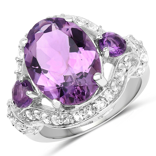 Amethyst-6.46 Carat Genuine Amethyst and White Topaz .925 Sterling Silver Ring