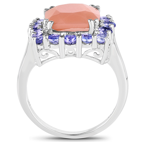 6.70 Carat Genuine Peach Moonstone and Tanzanite .925 Sterling Silver Ring