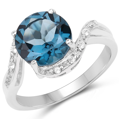 Rings-14K White Gold Plated 3.20 Carat Genuine London Blue Topaz and 0.12 ct.t.w Genuine Diamond Accents Sterling Silver Ring