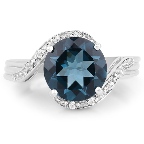 14K White Gold Plated 3.20 Carat Genuine London Blue Topaz and 0.12 ct.t.w Genuine Diamond Accents Sterling Silver Ring