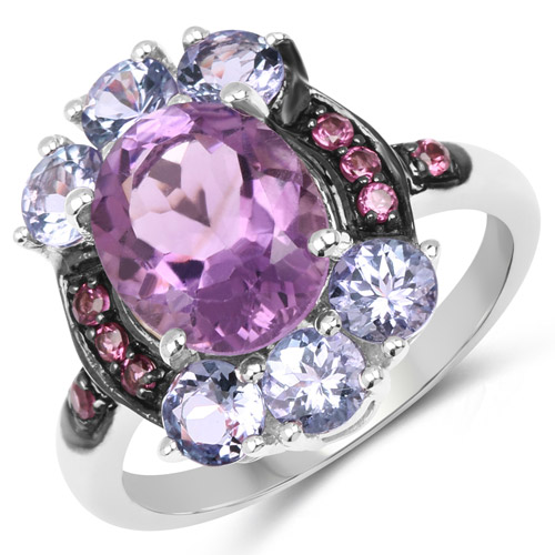 Amethyst-4.30 Carat Genuine Amethyst, Tanzanite and Rhodolite .925 Sterling Silver Ring