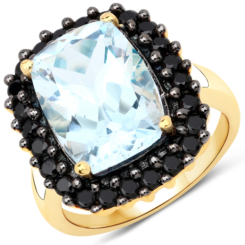 Rings-7.66 Carat Genuine Blue Topaz and Black Spinel .925 Sterling Silver Ring