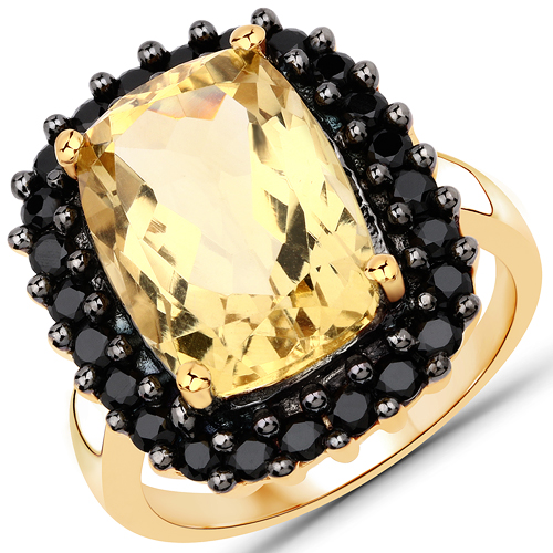 Citrine-18K Yellow Gold Plated 7.46 Carat Genuine Citrine and Black Spinel .925 Sterling Silver Ring