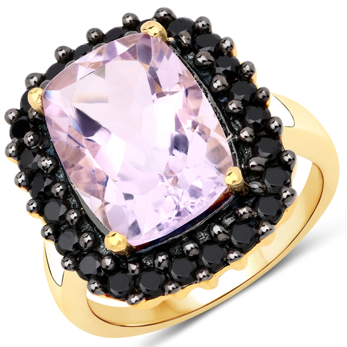 Rings-7.46 Carat Genuine Pink Amethyst and Black Spinel .925 Sterling Silver Ring