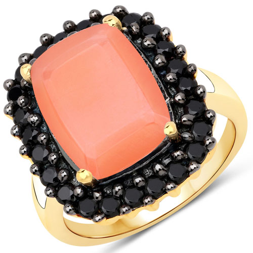 Rings-6.36 Carat Genuine Peach Moonstone and Black Spinel .925 Sterling Silver Ring