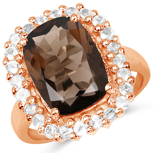 Rings-14K Rose Gold Plated 6.44 Carat Genuine Smoky Quartz and White Topaz .925 Sterling Silver Ring
