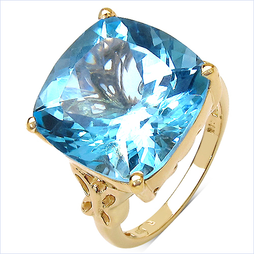 14K Yellow Gold Plated 11.94 Carat Genuine Blue Topaz & White Diamond .925 Sterling Silver Ring