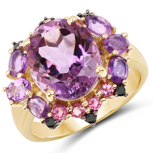 Amethyst-14K Yellow Gold Plated 5.25 Carat Genuine Amethyst, Rhodolite and Blue Diamond .925 Sterling Silver Ring