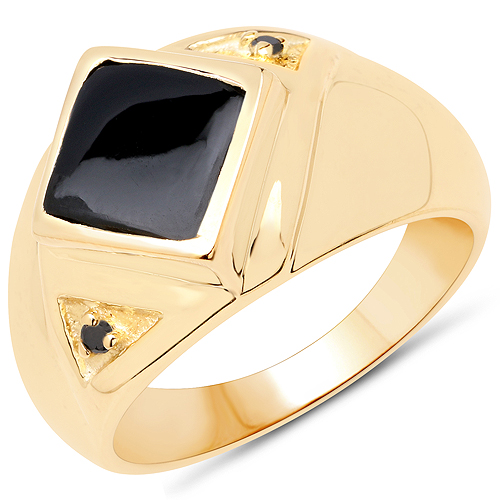 Rings-14K Yellow Gold Plated 2.03 Carat Genuine Black Onyx and Black Diamond .925 Sterling Silver Ring