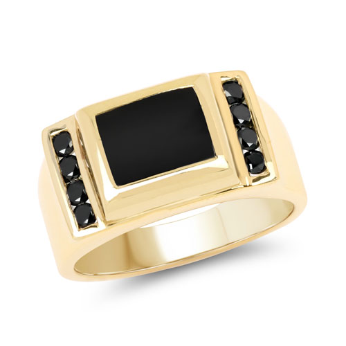 Rings-14K Yellow Gold Plated 2.24 Carat Genuine Black Onyx & Black Diamond .925 Sterling Silver Ring