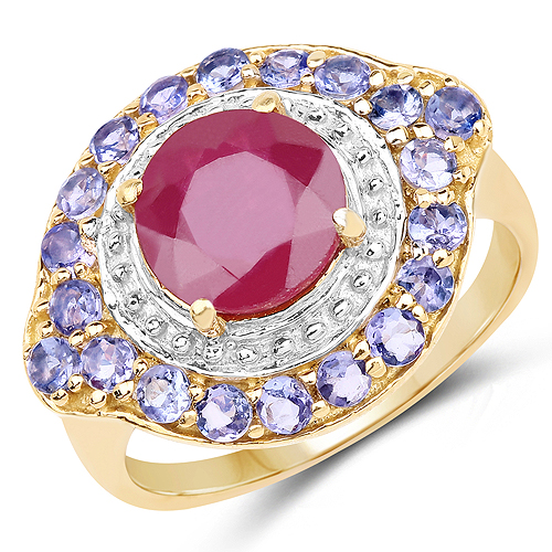 Ruby-14K Yellow Gold Plated 3.20 Carat Genuine Glass Filled Ruby and Tanzanite .925 Sterling Silver Ring