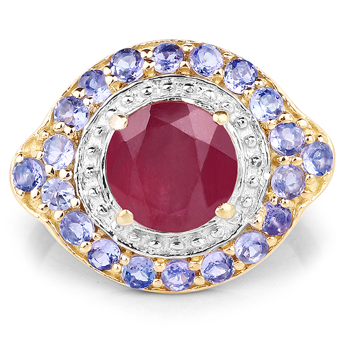 14K Yellow Gold Plated 3.20 Carat Genuine Glass Filled Ruby and Tanzanite .925 Sterling Silver Ring