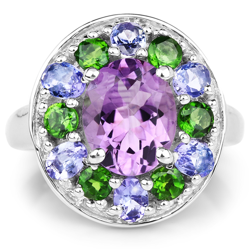 3.89 Carat Genuine Amethyst, Tanzanite & Chrome Diopside .925 Sterling Silver Ring