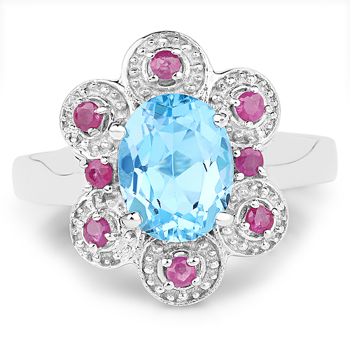 2.28 Carat Genuine Swiss Blue Topaz and Ruby .925 Sterling Silver Ring