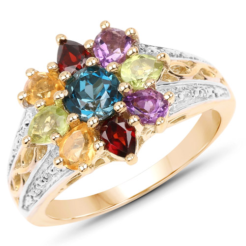Rings-14K Yellow Gold Plated 1.90 Carat Genuine Multi Stone .925 Sterling Silver Ring
