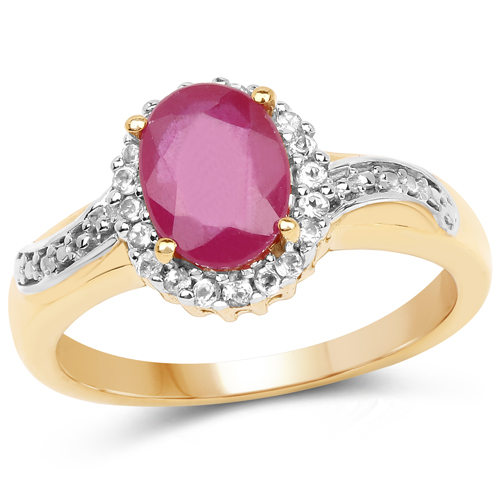 Ruby-14K Yellow Gold Plated 1.90 Carat Glass Filled Ruby and White Topaz .925 Sterling Silver Ring